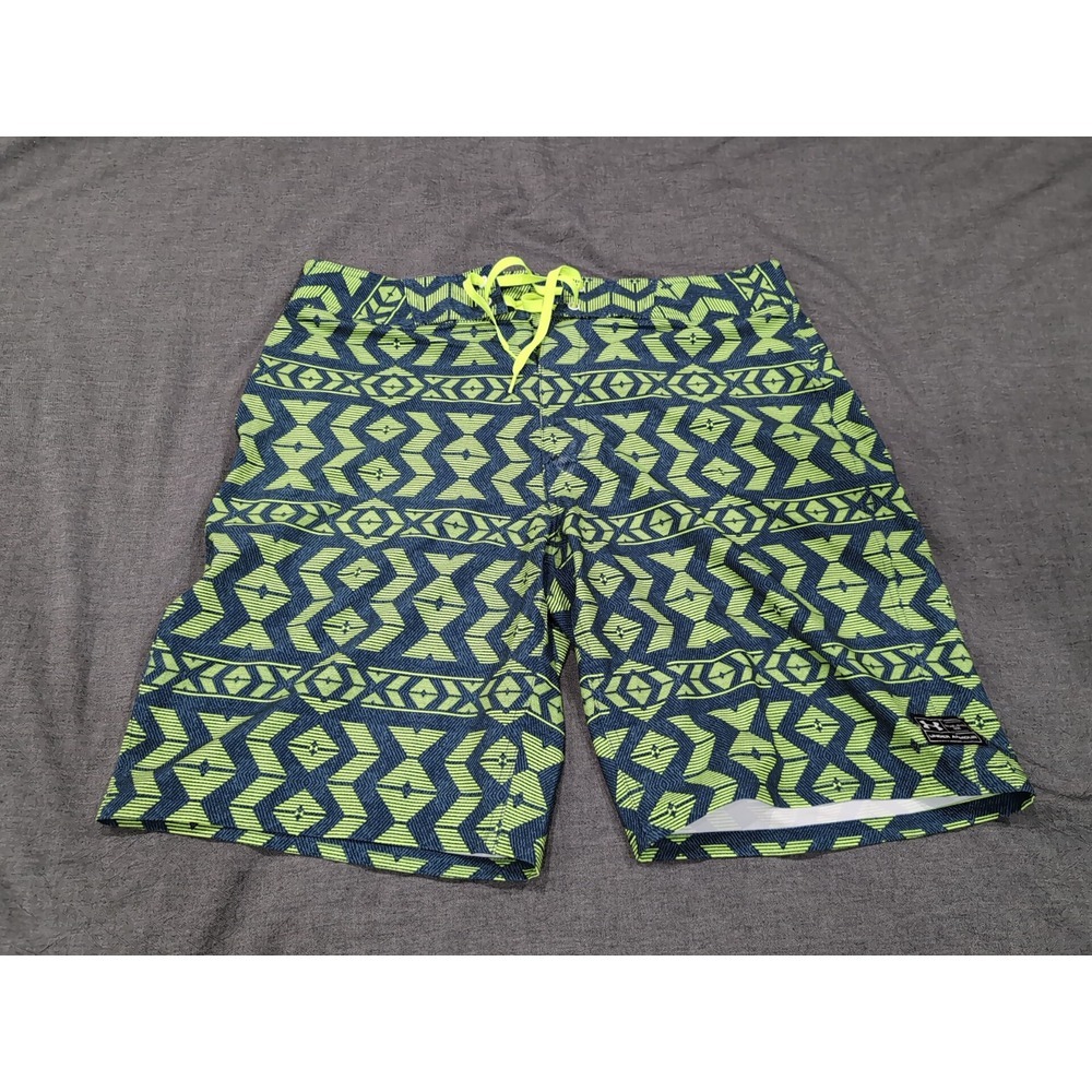 Under Armour Boardshorts Mens 36 Neon Yellow Blue HeatGear Loose Fit Tribal